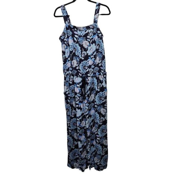 Ann Taylor Loft Pineapple Dream Jumpsuit blue floral drawstring waist rayon 10 - Picture 2 of 8